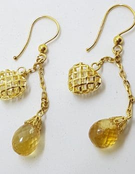18ct Yellow Gold Ornate Teardrop Citrine Heart Chain Drop Earrings