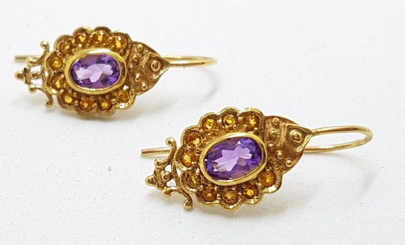 9ct Yellow Gold Amethyst and Citrine Ornate Drop Earrings