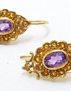 9ct Yellow Gold Amethyst and Citrine Ornate Drop Earrings