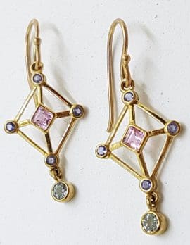 9ct Yellow Gold Topaz, Iolite and Pink Tourmaline Drop Earrings