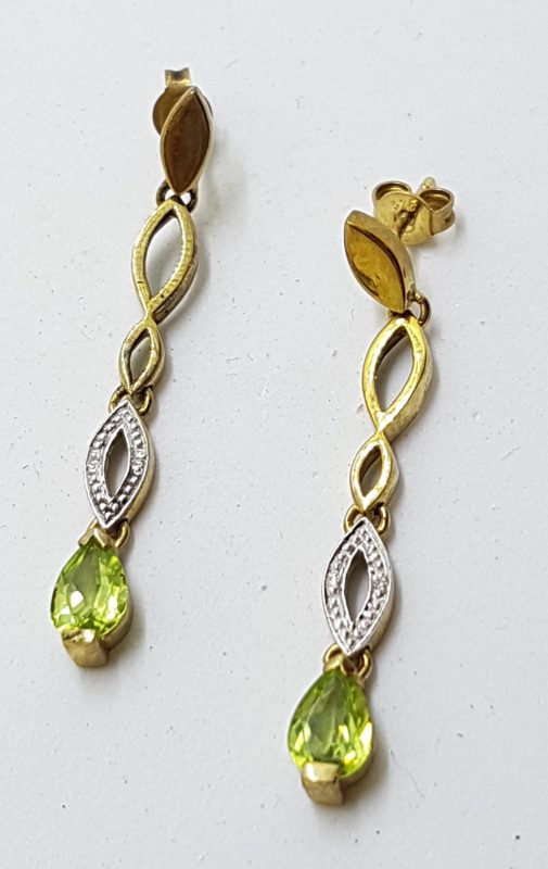 9ct Yellow Gold Peridot & Diamond Long Drop Earrings