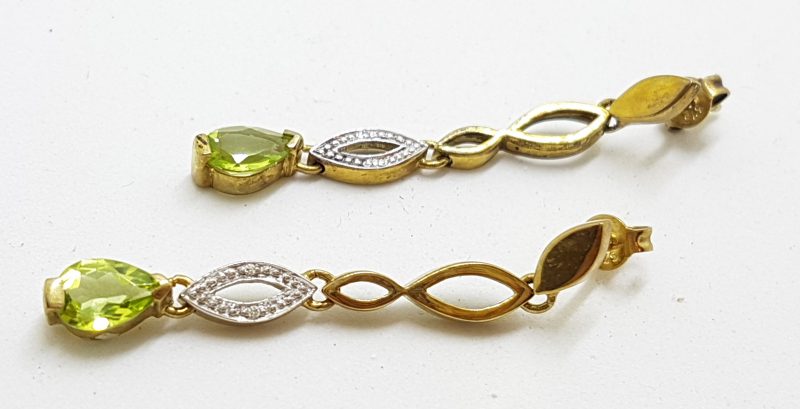 9ct Yellow Gold Peridot & Diamond Long Drop Earrings
