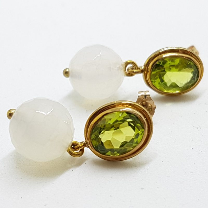 9ct Yellow Gold Peridot & White Agate Ball Drop Earrings - Handmade