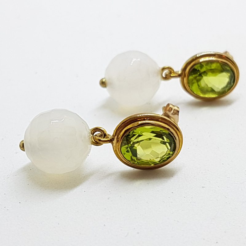 9ct Yellow Gold Peridot & White Agate Ball Drop Earrings - Handmade