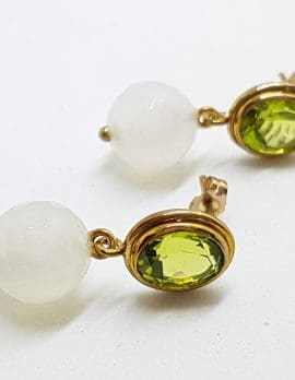 9ct Yellow Gold Peridot & White Agate Ball Drop Earrings - Handmade