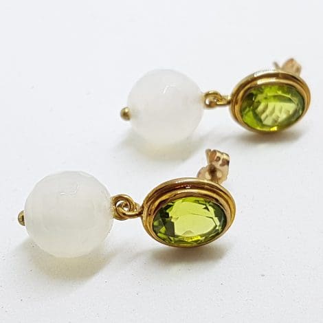 9ct Yellow Gold Peridot & White Agate Ball Drop Earrings - Handmade