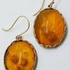 9ct Yellow Gold Large Oval Carved Floral Natural Amber Drop Earrings