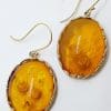 9ct Yellow Gold Large Oval Carved Floral Natural Amber Drop Earrings