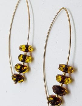 9ct Yellow Gold Long Green Natural Amber Drop Earrings