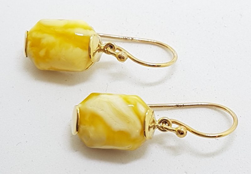 9ct Yellow Gold Rectangular Natural Butter Amber Drop Earrings