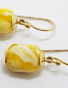 9ct Yellow Gold Rectangular Natural Butter Amber Drop Earrings