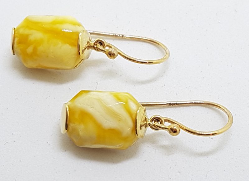 9ct Yellow Gold Rectangular Natural Butter Amber Drop Earrings