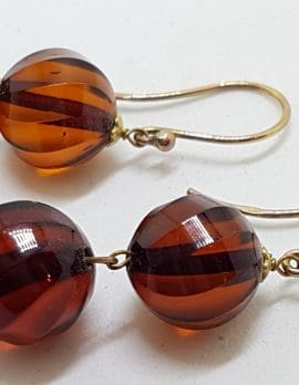 9ct Yellow Gold Natural Amber Long Ball Drop Earrings
