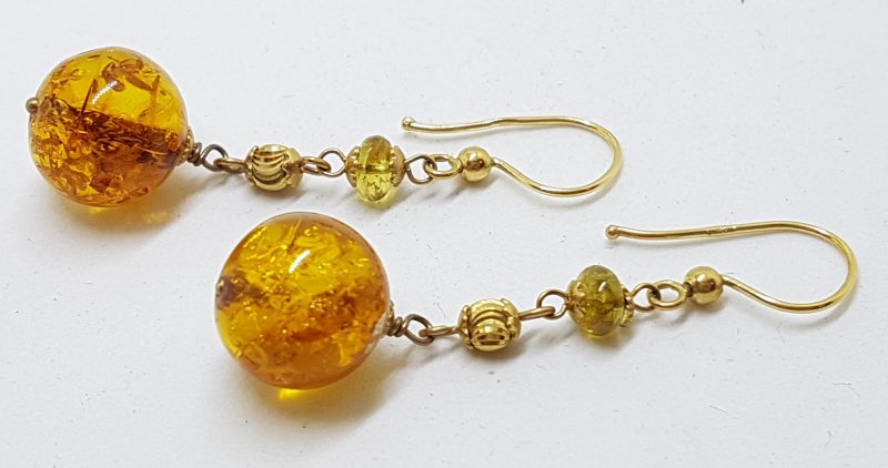 9ct Yellow Gold Long Natural Amber Ball Drop Earrings