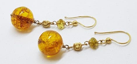 9ct Yellow Gold Long Natural Amber Ball Drop Earrings
