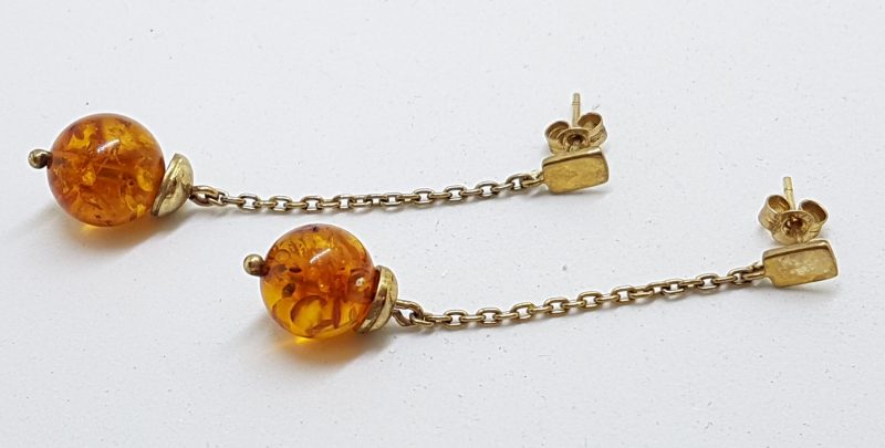 9ct Yellow Gold Long Natural Amber Ball Drop Earrings