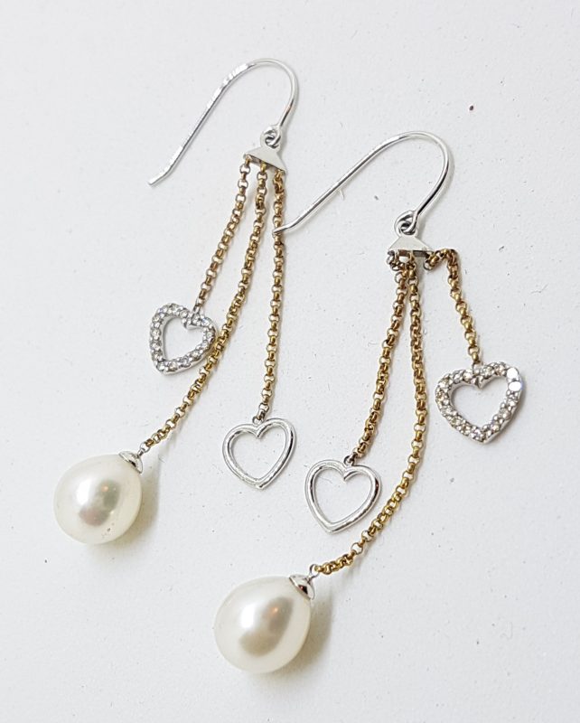 20200420_192600 9ct Yellow Gold with White Gold Pearl & Diamond Heart Long Drop Earrings