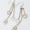 9ct Yellow Gold with White Gold Pearl & Diamond Heart Long Drop Earrings