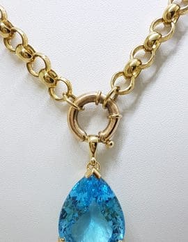 9ct Yellow Gold Large Blue Topaz Pendant on Heavy Belcher Link 9ct Gold Chain ( With Bolt Clasp )