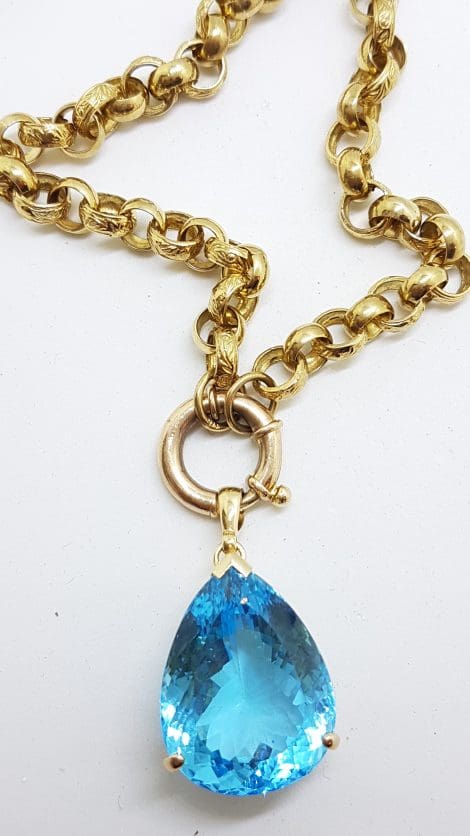 9ct Yellow Gold Large Blue Topaz Pendant on Heavy Belcher Link 9ct Gold Chain ( With Bolt Clasp )