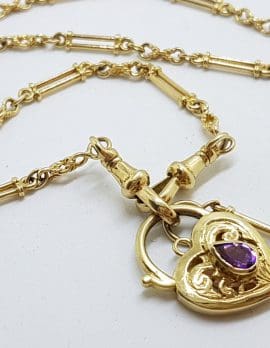 9ct Yellow Gold Ornate Filigree Amethyst Heart Padlock with T-Bar Necklace / Chain