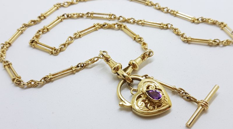 20200420_235708 9ct Yellow Gold Ornate Filigree Amethyst Heart Padlock with T-Bar Necklace / Chain