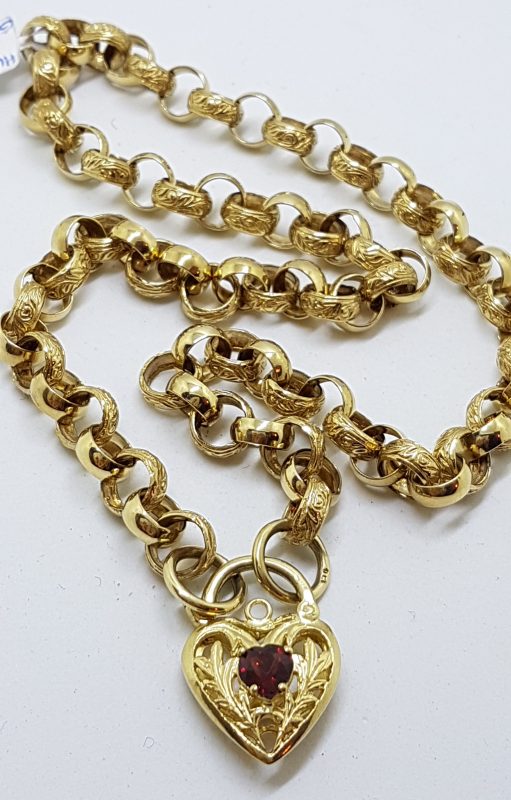 9ct Yellow Gold Thick Padlock Necklace / Chain with Ornate Garnet Heart Padlock