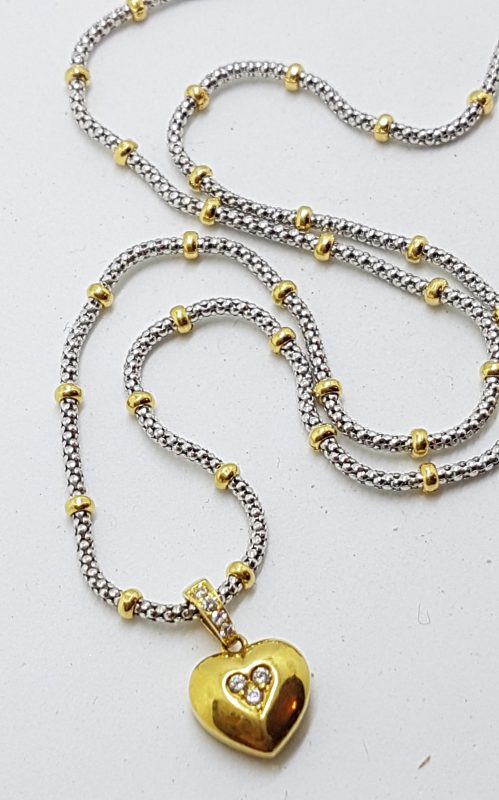9ct Yellow Gold & White Gold Ball Chain with Heart Diamond Pendant