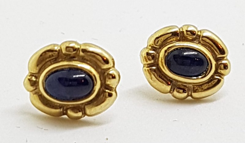9ct Yellow Gold Cabochon Cut Sapphire Oval Studs / Earrings - Antique / Vintage