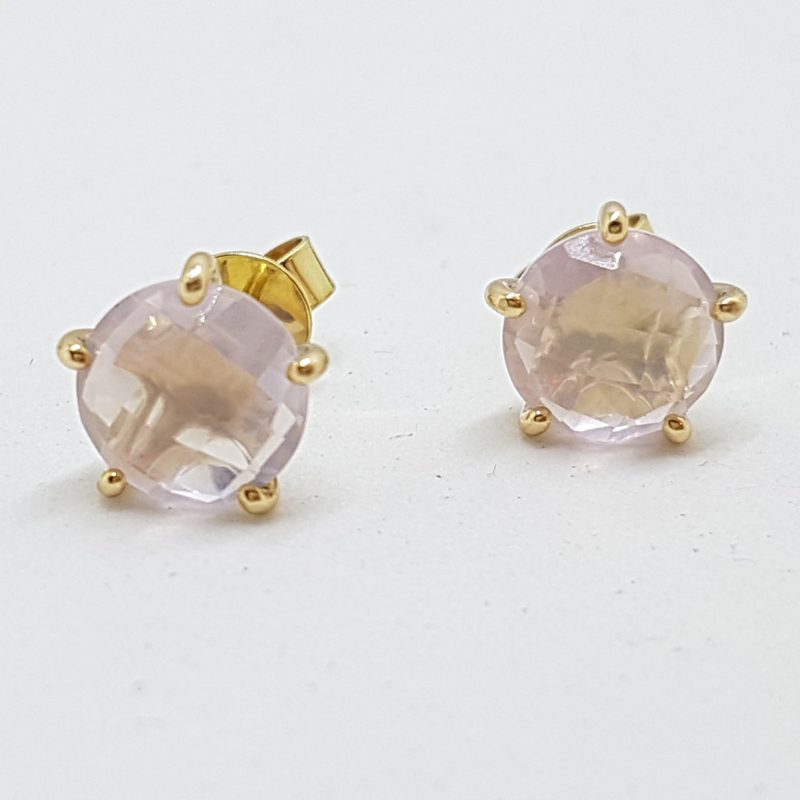 9ct Yellow Gold Round Rose Quartz Studs / Earrings