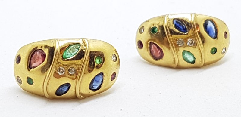 9ct Yellow Gold Ruby, Emerald, Sapphire & Diamond Studs / Earrings