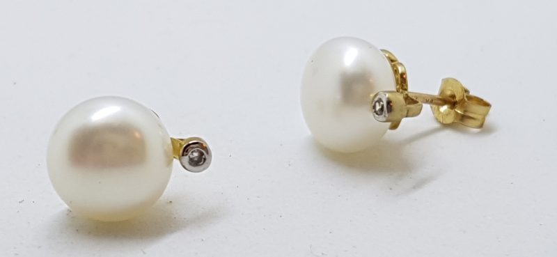 9ct Yellow Gold Pearl and Diamond Stud Earrings