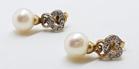 9ct Yellow Gold Pearl and Diamond Heart Drop Earrings