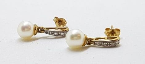 9ct Yellow Gold Pearl & Diamond Drop Earrings