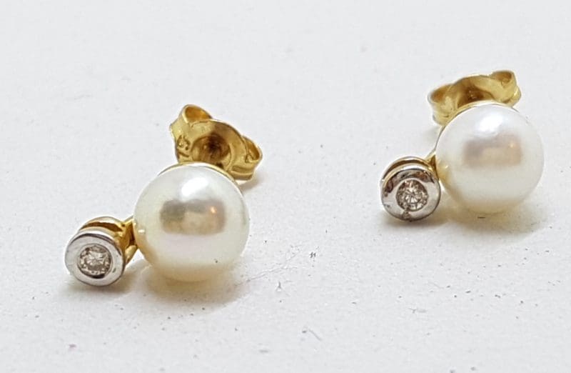 9ct Yellow Gold Pearl and Diamond Studs / Earrings - Small
