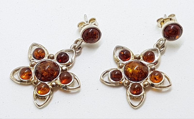 Sterling Silver Natural Amber Large Flower Cluster Drop Earrings
