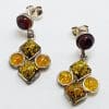 Sterling Silver Multi-Colour Natural Amber Cluster Drop Earrings
