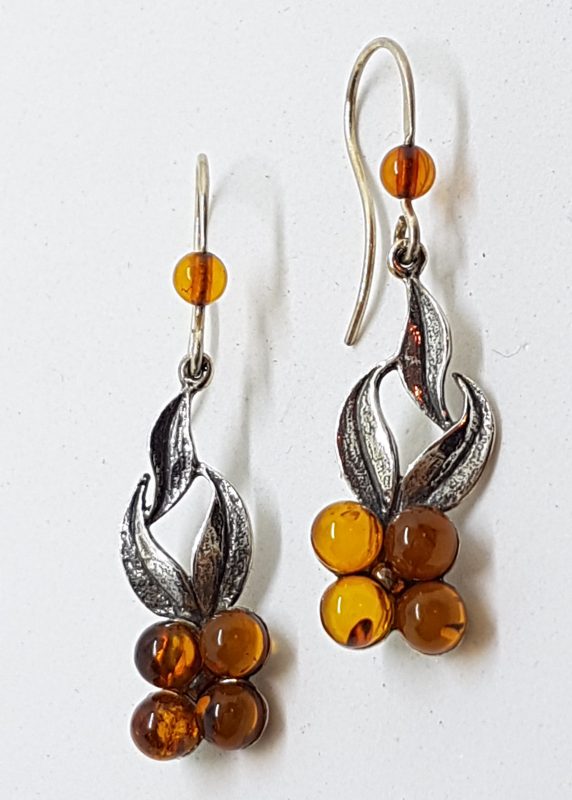 Sterling Silver Natural Amber Long Flower Cluster Drop Earrings