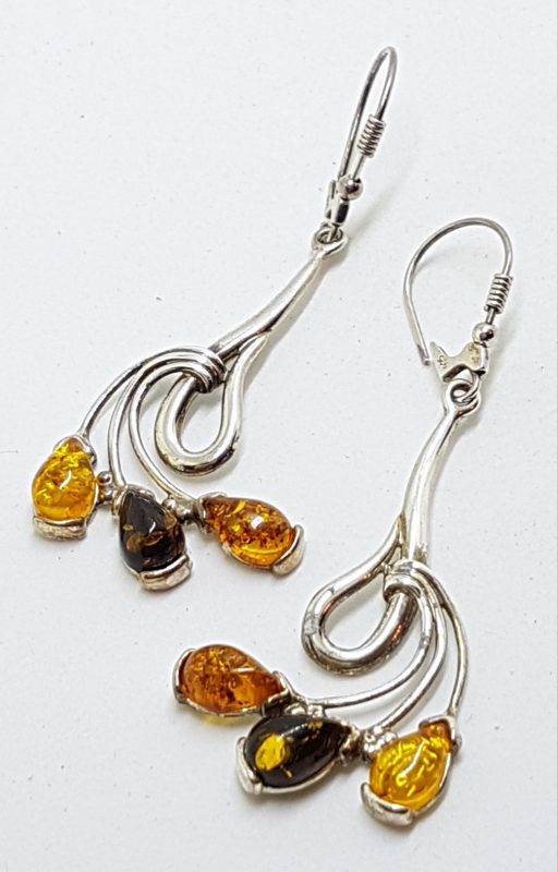 Sterling Silver Multi-Colour Natural Amber Long Drop Earrings