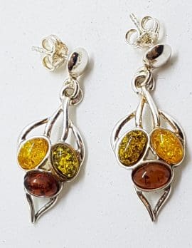 Sterling Silver Multi-Colour Natural Amber Cluster Drop Earrings