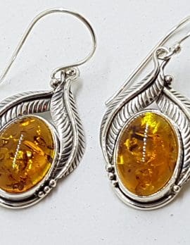 Sterling Silver Natural Amber Large Oval with Leaf Design Drop Earrings