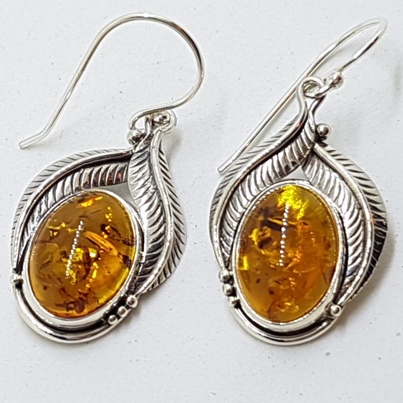 20200421_115404 Sterling Silver Natural Amber Large Oval with Leaf Design Drop Earrings