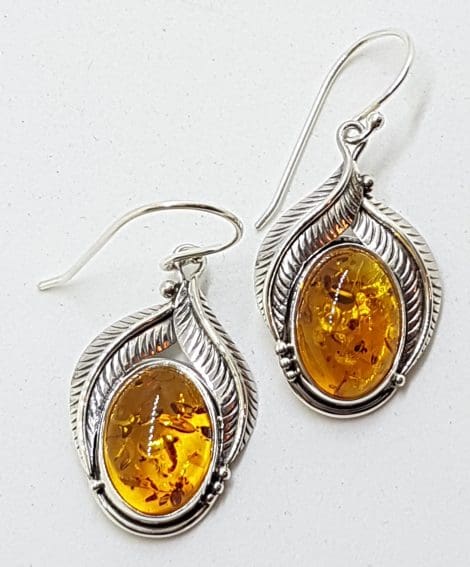 Sterling Silver Natural Amber Large Oval with Leaf Design Drop Earrings