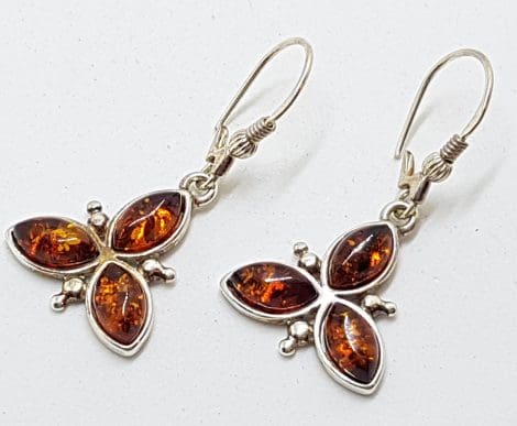 Sterling Silver Natural Amber Leaf Cluster Drop Earrings