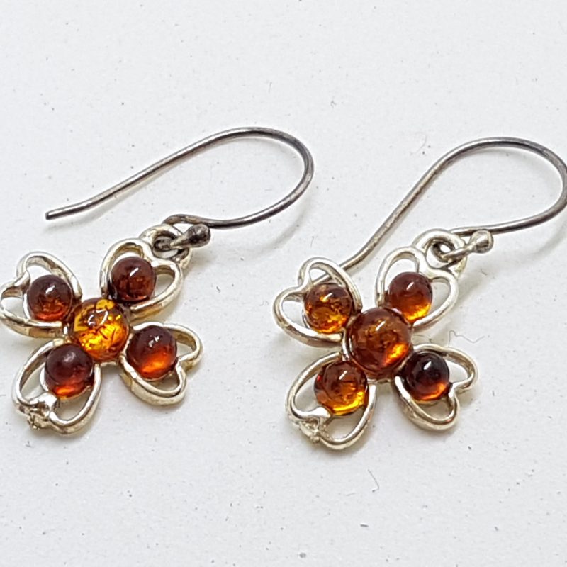 Sterling Silver Natural Amber Cross Drop Earrings
