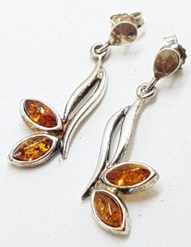 Sterling Silver Natural Amber Leaf Cluster Drop Earrings - Long
