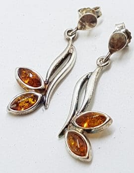 Sterling Silver Natural Amber Leaf Cluster Drop Earrings - Long