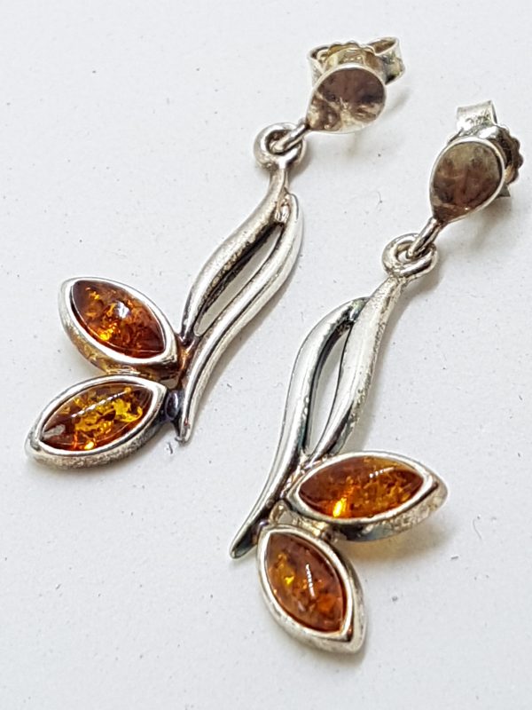 Sterling Silver Natural Amber Leaf Cluster Drop Earrings - Long