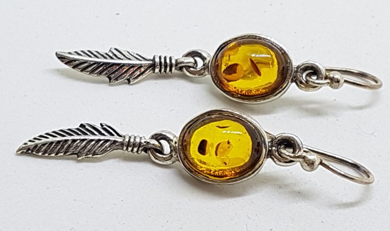 20200421_120022 Sterling Silver Natural Amber Long Feather Drop Earrings
