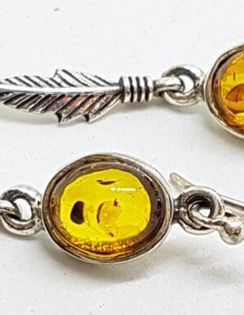 Sterling Silver Natural Amber Long Feather Drop Earrings
